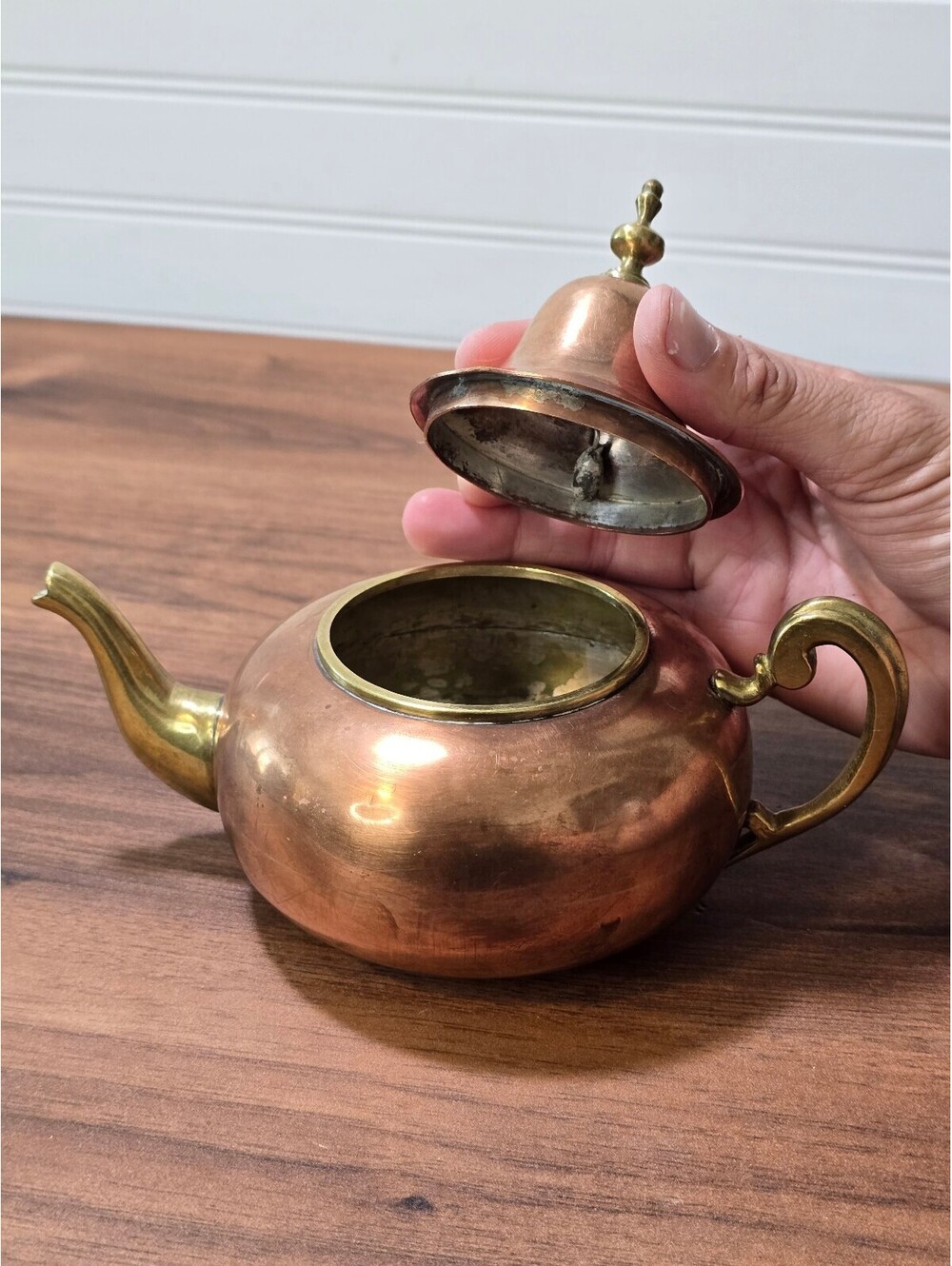 Vintage Copper Teapot Hidden Bell Lid Brass Handle Spout Cottage Tea Kettle